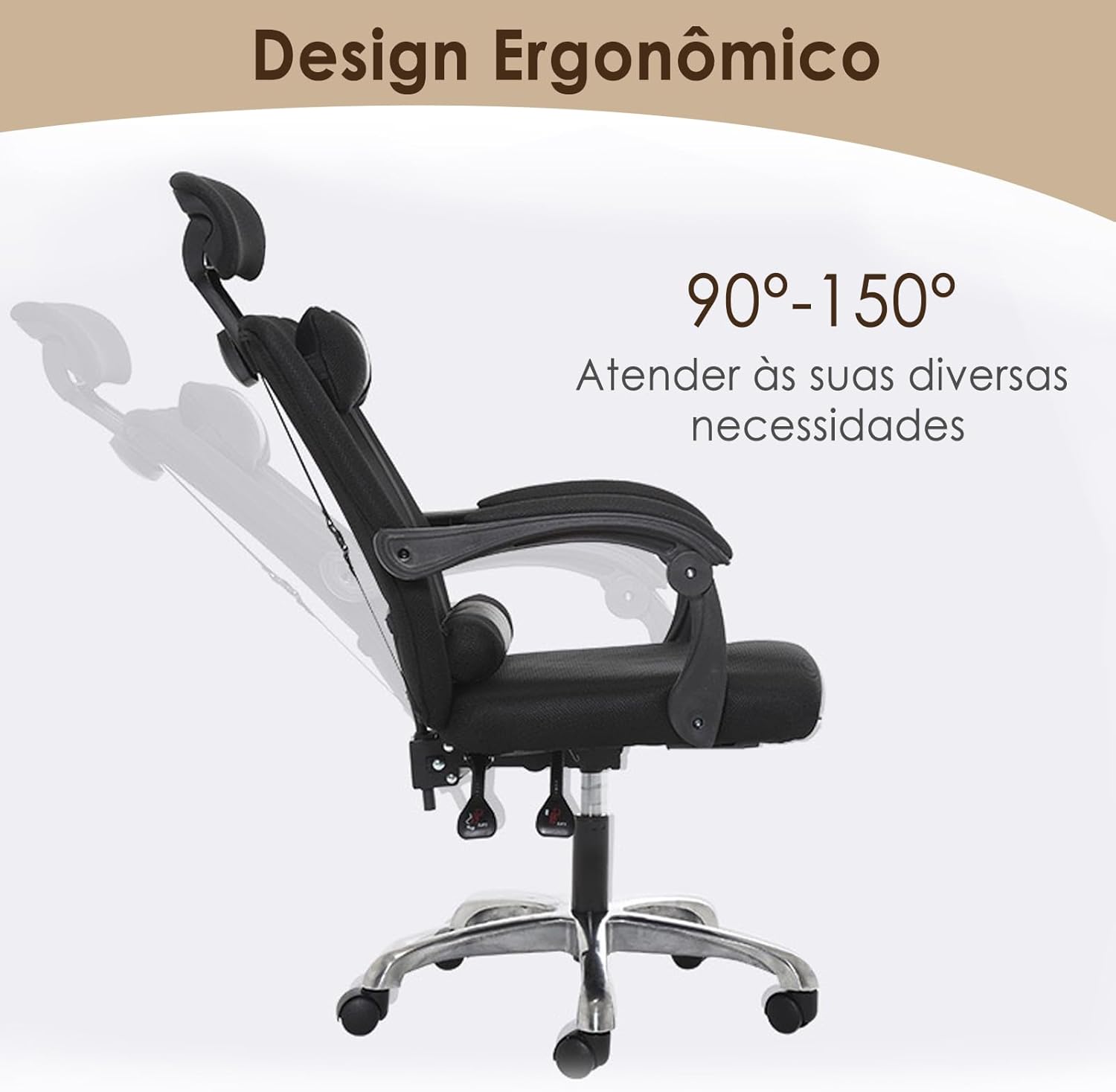 Cadeira de Escritório Ergonomica Girável, Cadeira de Home Office Encosto Ajustável, com Suporte para Pescoço e Cintura, Sem Pés, Preto