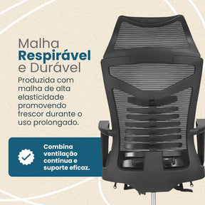 Cadeira de Escritório Executiva Ergonômica, Encosto em Tela, Reclinável, Preta