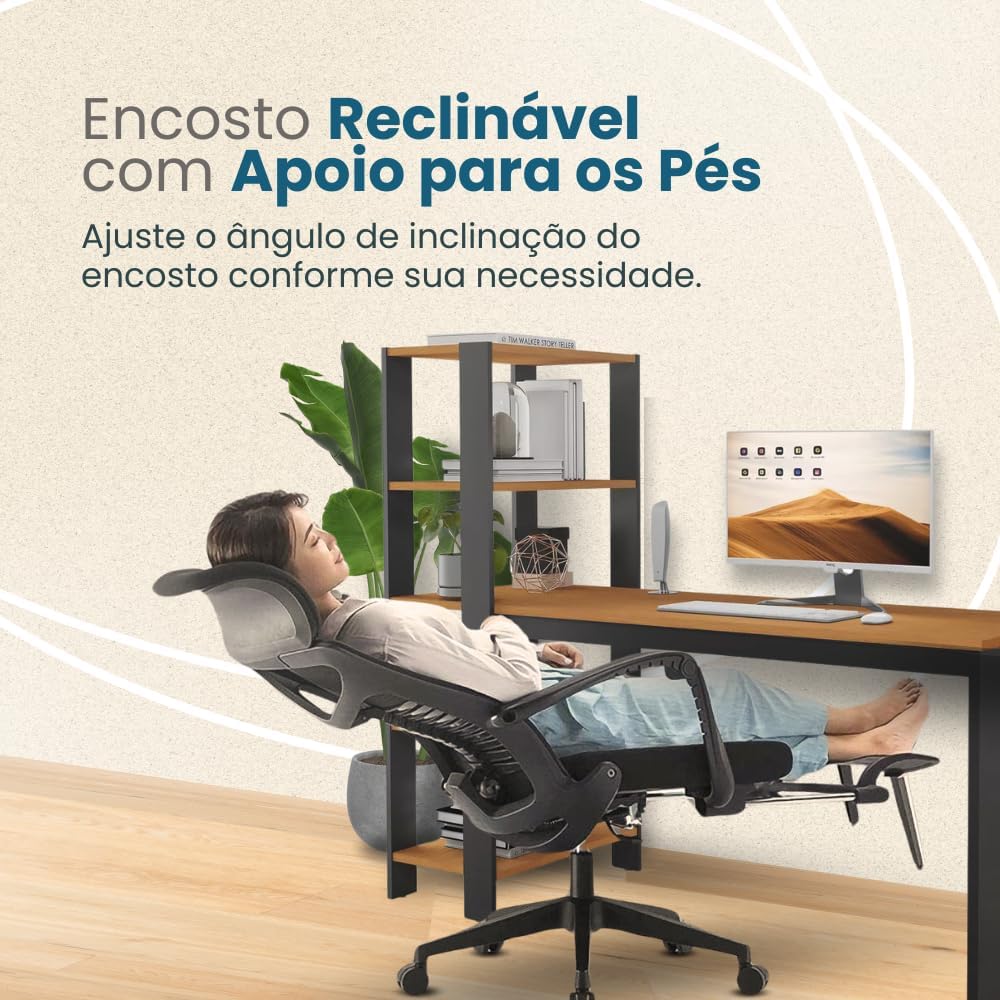 Cadeira de Escritório Executiva Ergonômica, Encosto em Tela, Reclinável, Preta