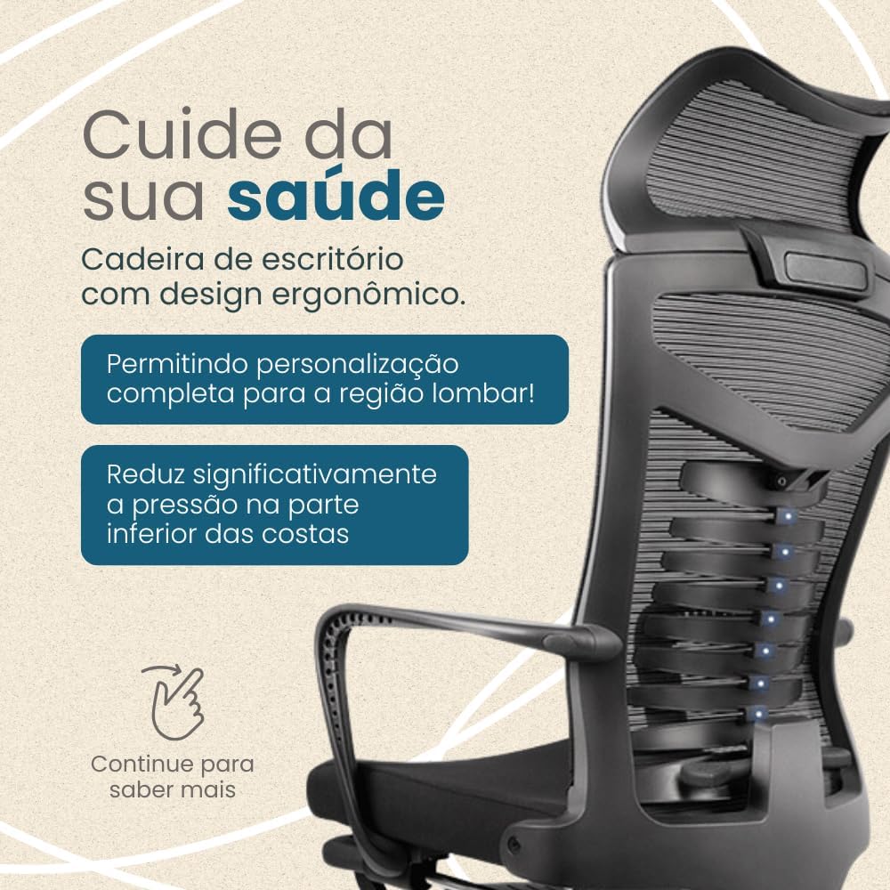 Cadeira de Escritório Executiva Ergonômica, Encosto em Tela, Reclinável, Preta