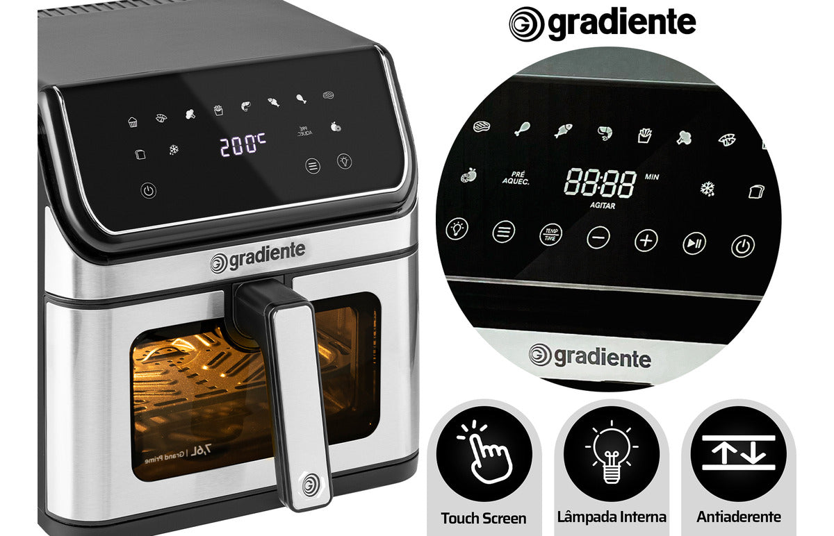 Fritadeira Eletrica Sem Óleo Airfryer 7,6 Litros Grand Prime Gradiente Cesto Removível Inox Com Timer 127V